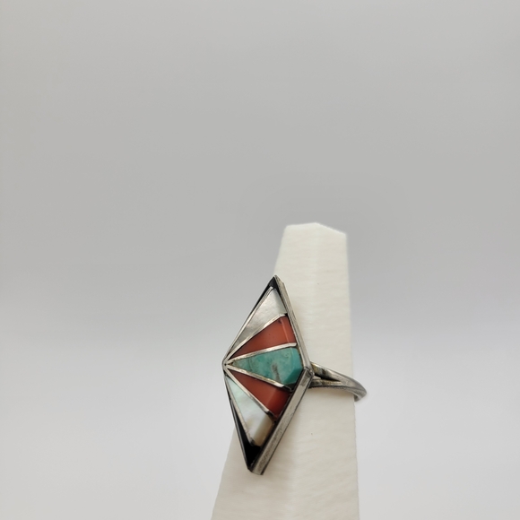 Native American Style Zuni? Beautiful Geometric Inlay Sterling Silver Ring - Picture 3 of 13